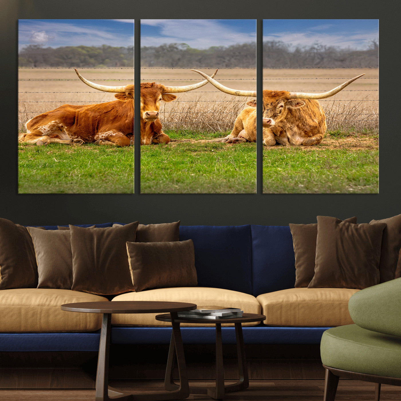 54598515-MGV-CV-36X24-Texas Longhorns Wall Art – Rustic Cattle Ranch Canvas Print, Western Farmhouse Animal Photography Decor for Living Room, Office,