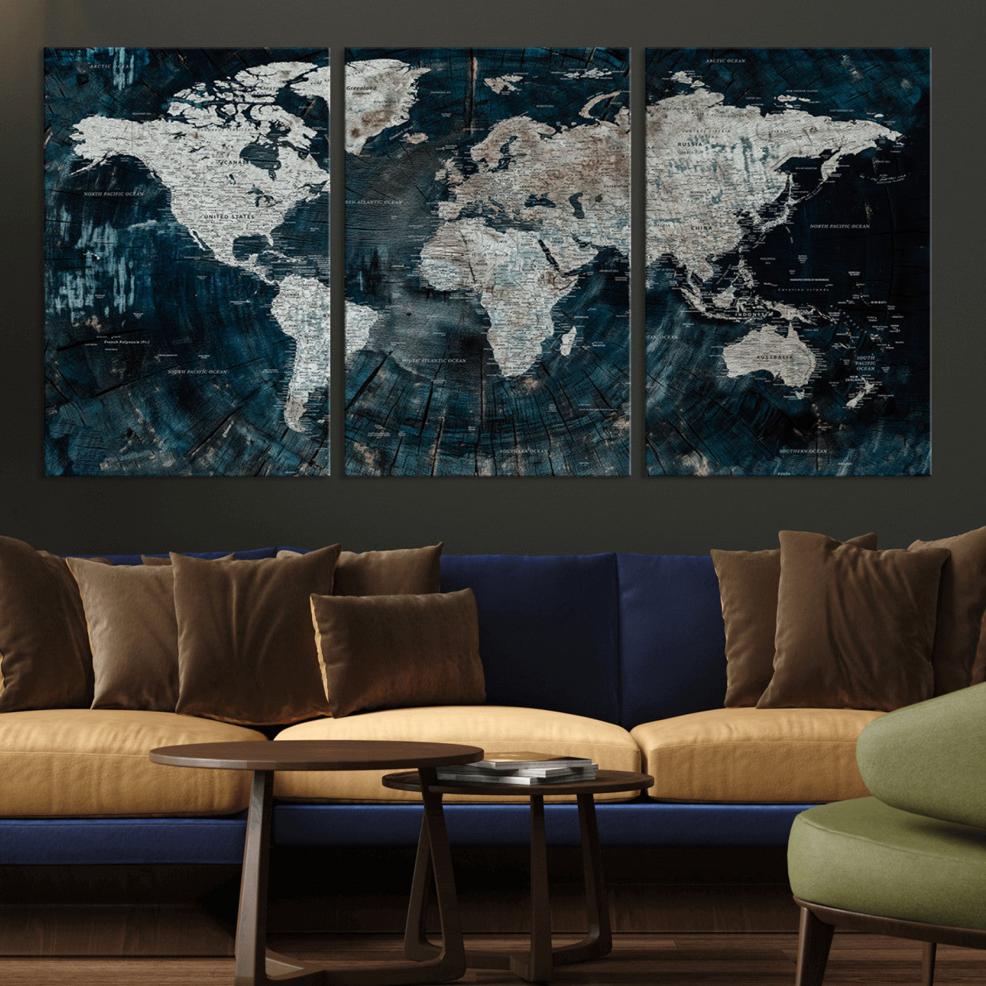 34425609-MGV-CV-36X24-World Map Wall Art – Rustic Navy and Grey Atlas Canvas Print, Distressed Explorer Map Artwork, Industrial Style Decor for Office,