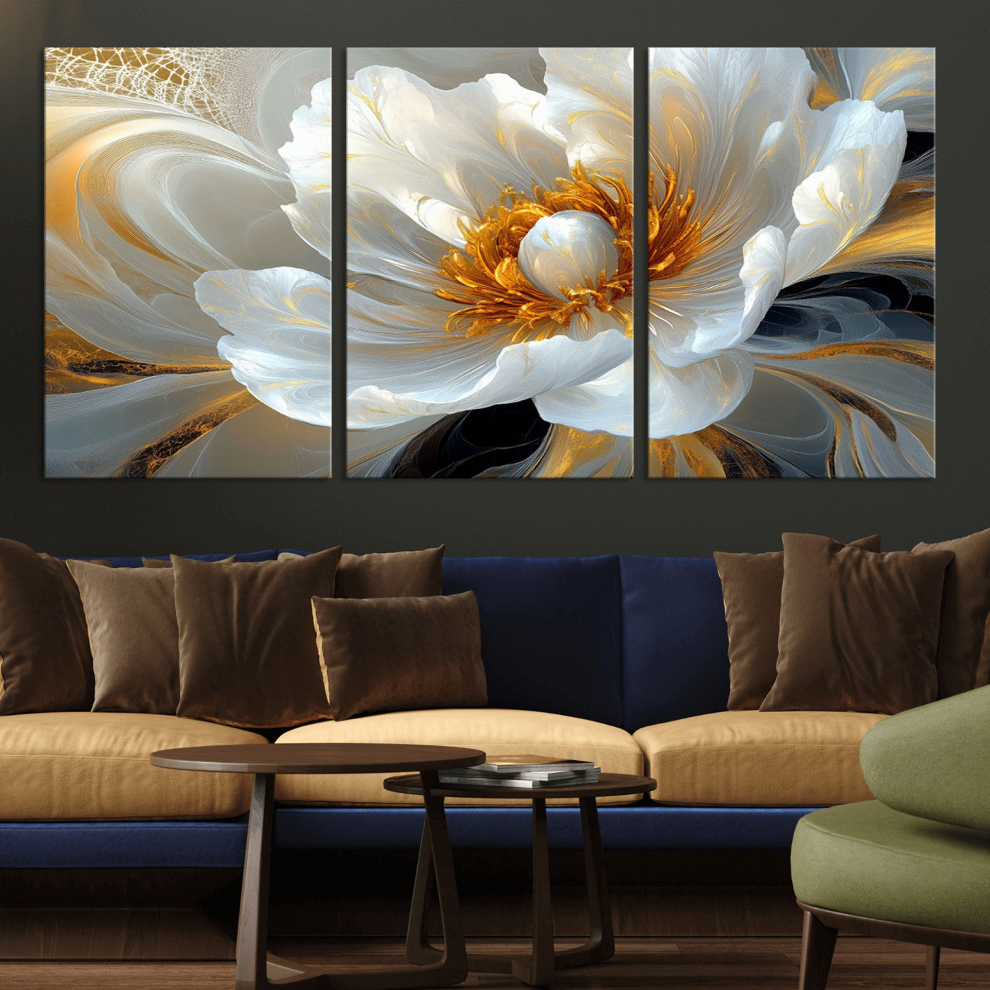 39604126-MGV-CV-36X24-Abstract Flower Wall Art – Elegant White and Gold Bloom Canvas Print, Modern Floral Artwork for Bedroom, Living Room, or Office