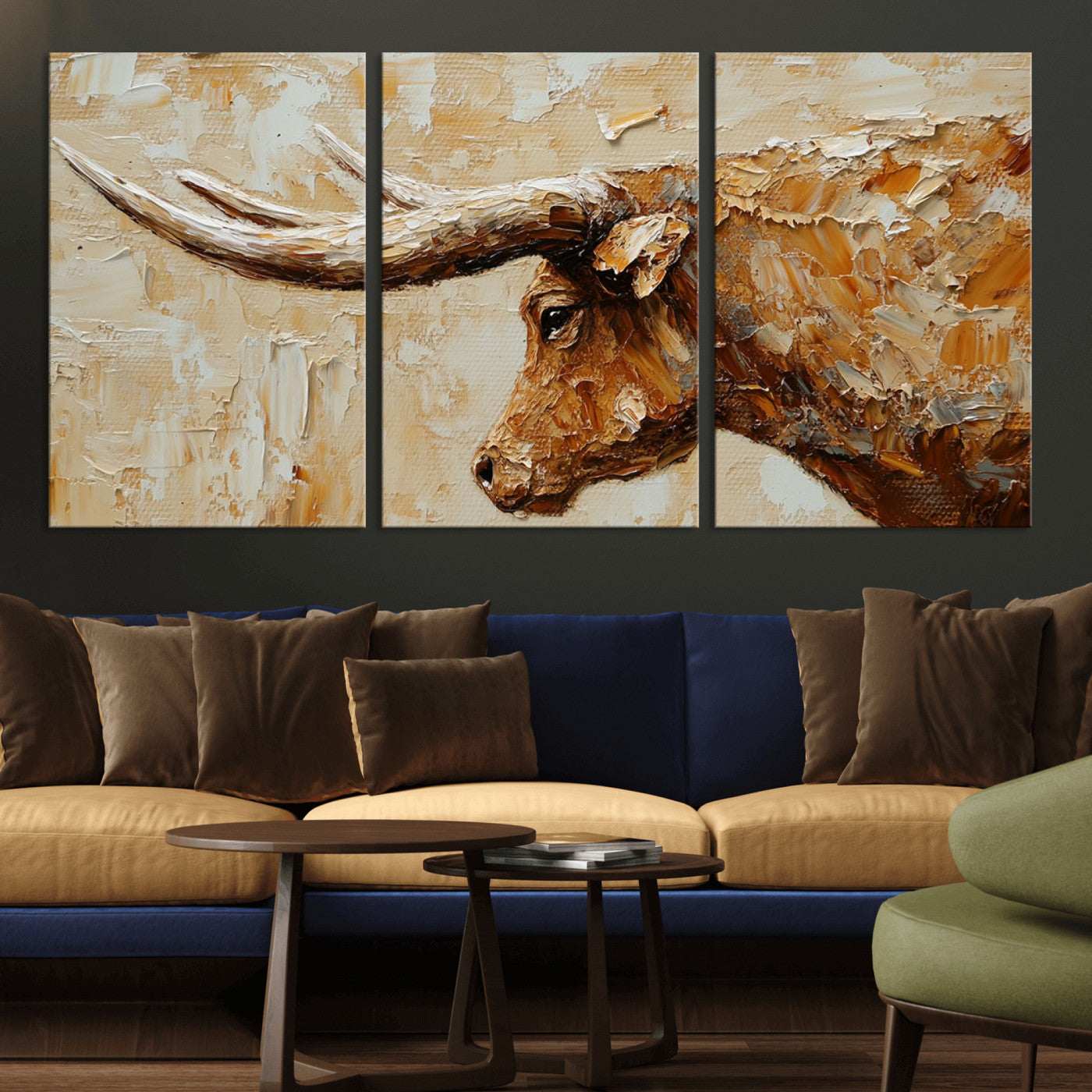 69611428-MGV-CV-36X24-Longhorn Bull Wall Art – Rustic Western Canvas Print, Textured Farmhouse Cattle Painting for Living Room, Office, or Ranch House