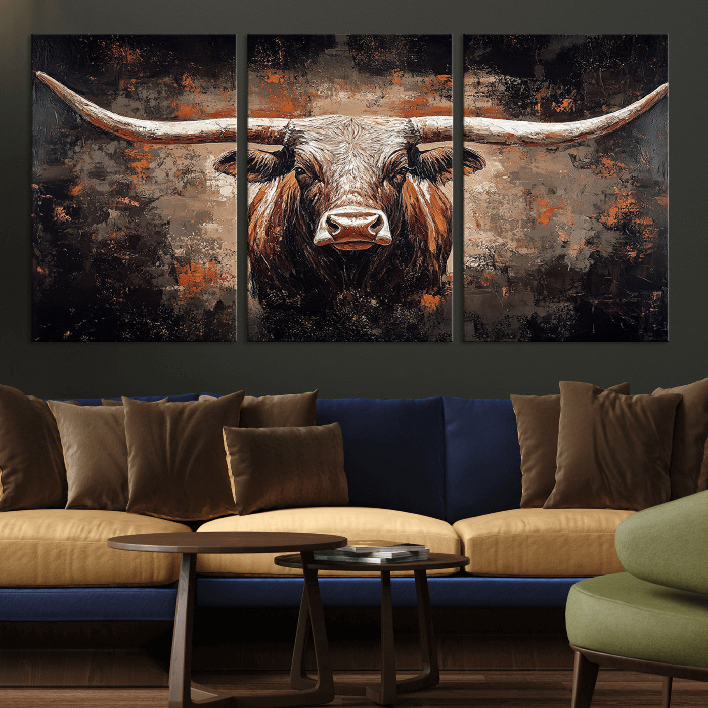24779067-MGV-CV-36X24-Longhorn Bull Wall Art – Western Rustic Canvas Print, Bold Cowboy Cattle Painting for Ranch House, Farmhouse, Office, or Living