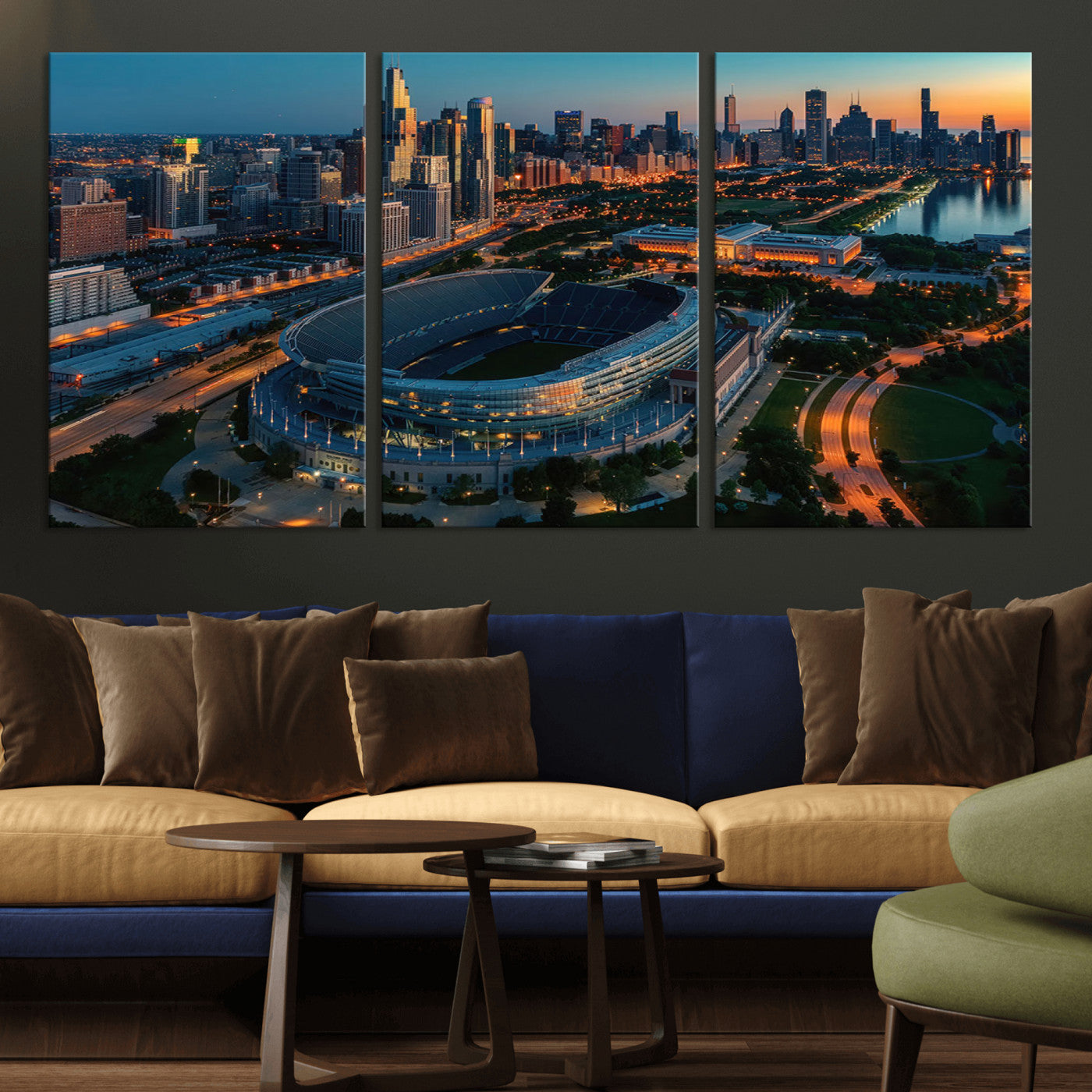36690345-MGV-CV-36X24-Soldier Field Wall Art – Chicago Bears Stadium Aerial Night Canvas Print, City Skyline Football Decor for Living Room, Office, or