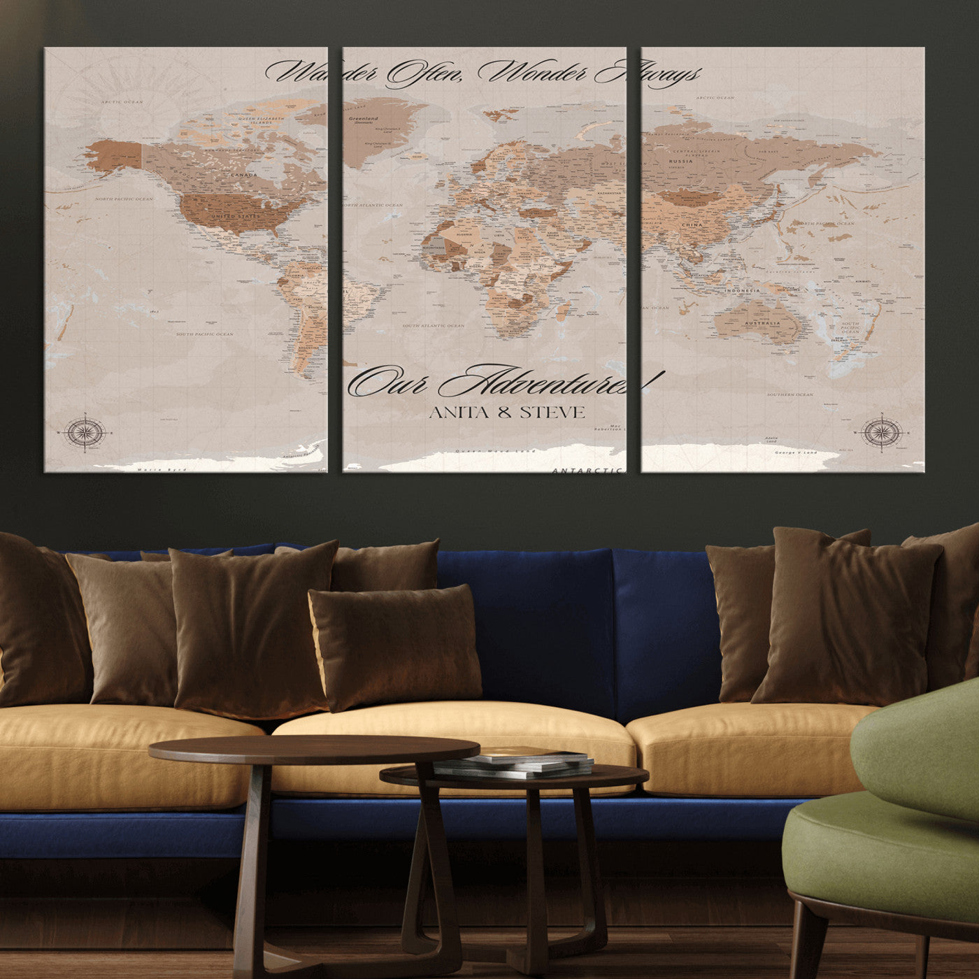 95243244-MGV-CV-36X24-Wander Often Wonder Always World Map Wall Art – Neutral Beige Adventure Canvas Print, Rustic Boho Travel Decor for Bedroom, Living