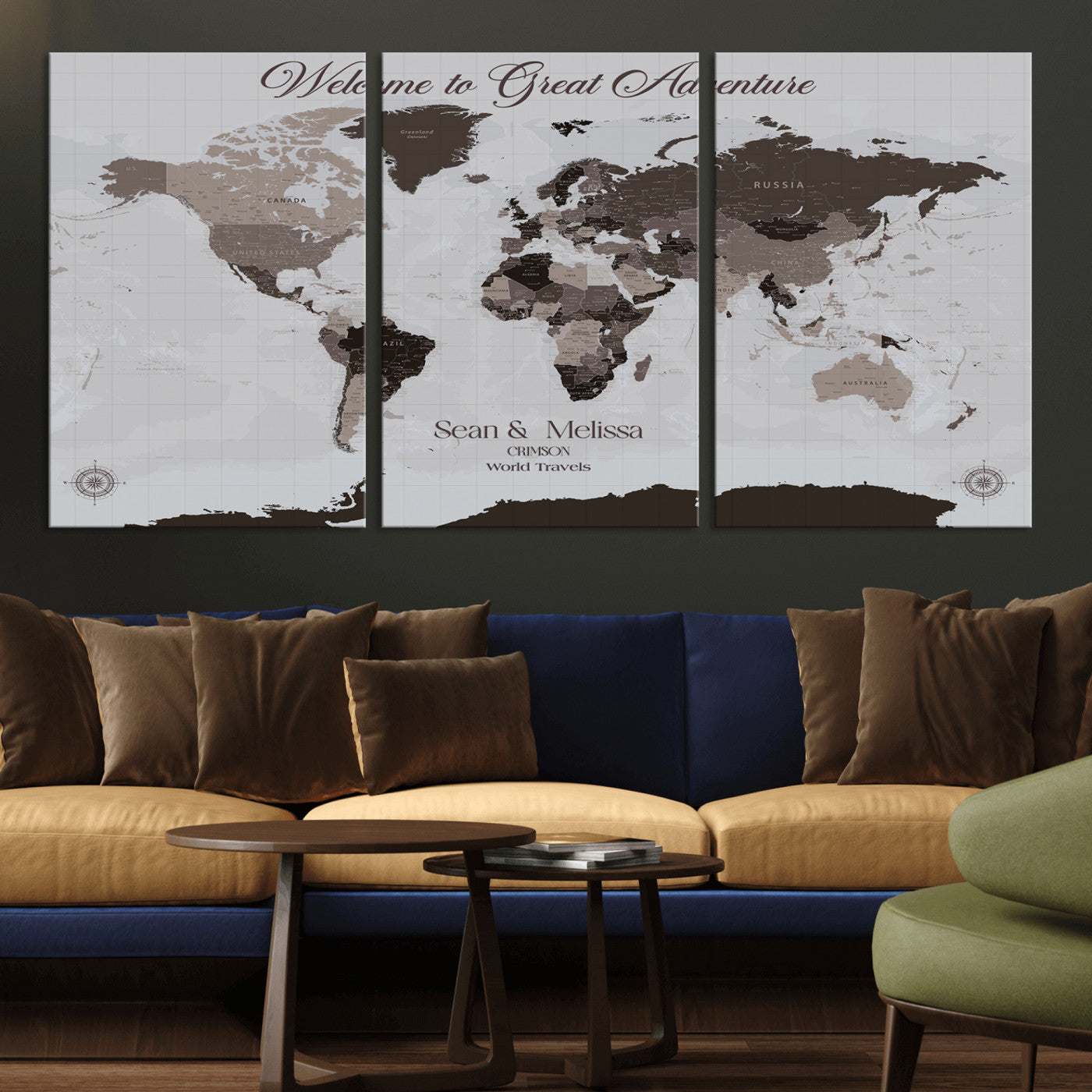 43749658-MGV-CV-36X24-Welcome to Great Adventure World Map Wall Art – Charcoal Gray Canvas Print, Rustic Travel Decor for Living Room, Study, Office or