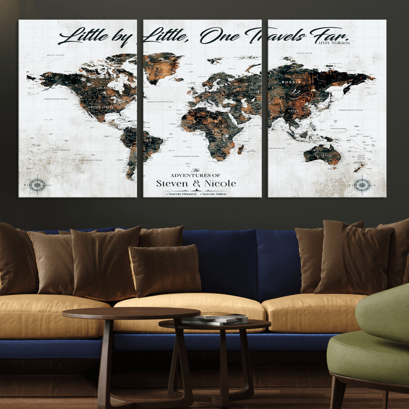 88337180-MGV-CV-36X24-Little by Little One Travels Far Tolkien Quote World Map Rustic Black Brown Adventure Wall Art Canvas Print for Home Office Living