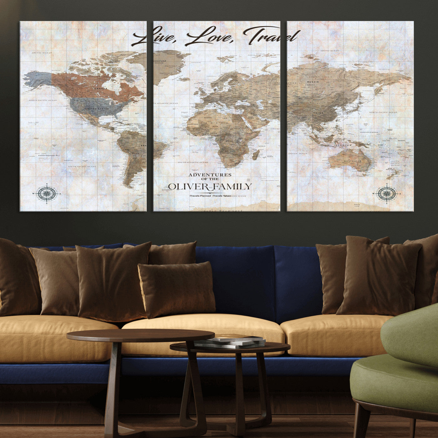 43924907-MGV-CV-36X24-Live Love Travel Wall Art – Neutral World Map Canvas Print, Rustic Adventure Decor for Home, Office or Living Room, Unique Gift