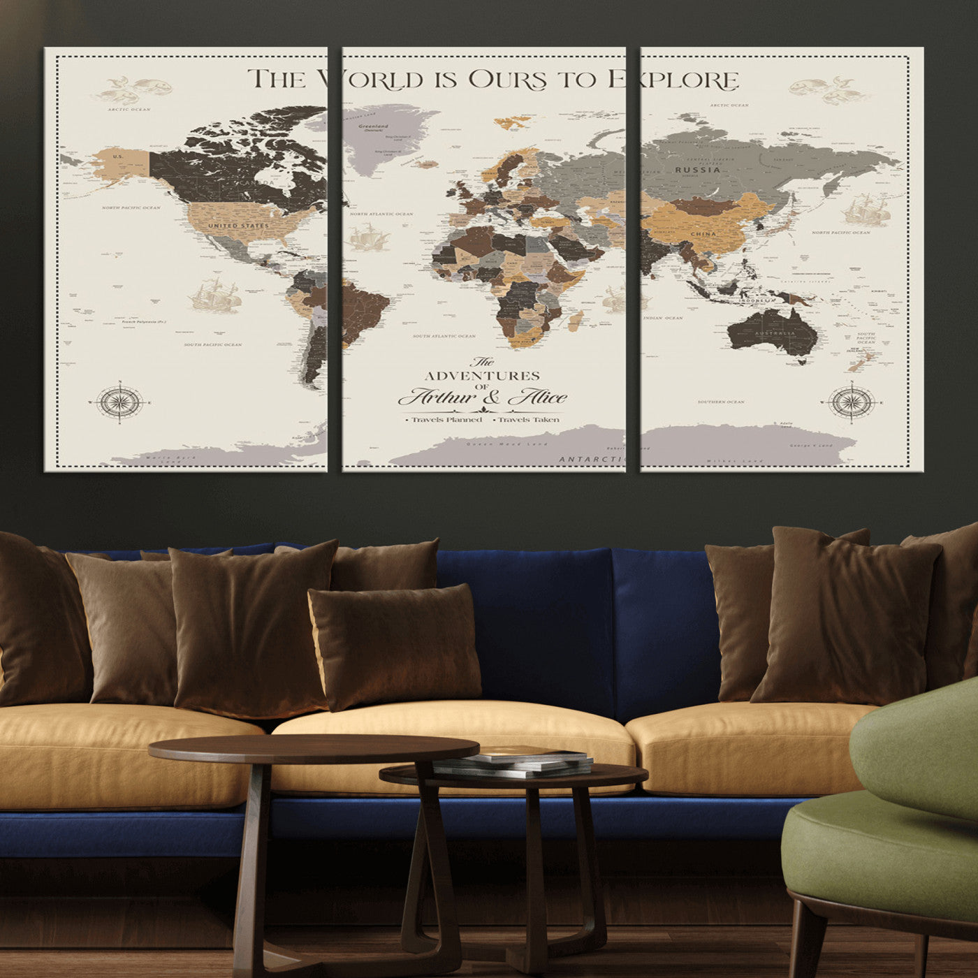 90024882-MGV-CV-36X24-The World is Ours to Explore Wall Art – Earth Tone World Map Canvas Print, Adventure Travel Decor for Living Room, Office or