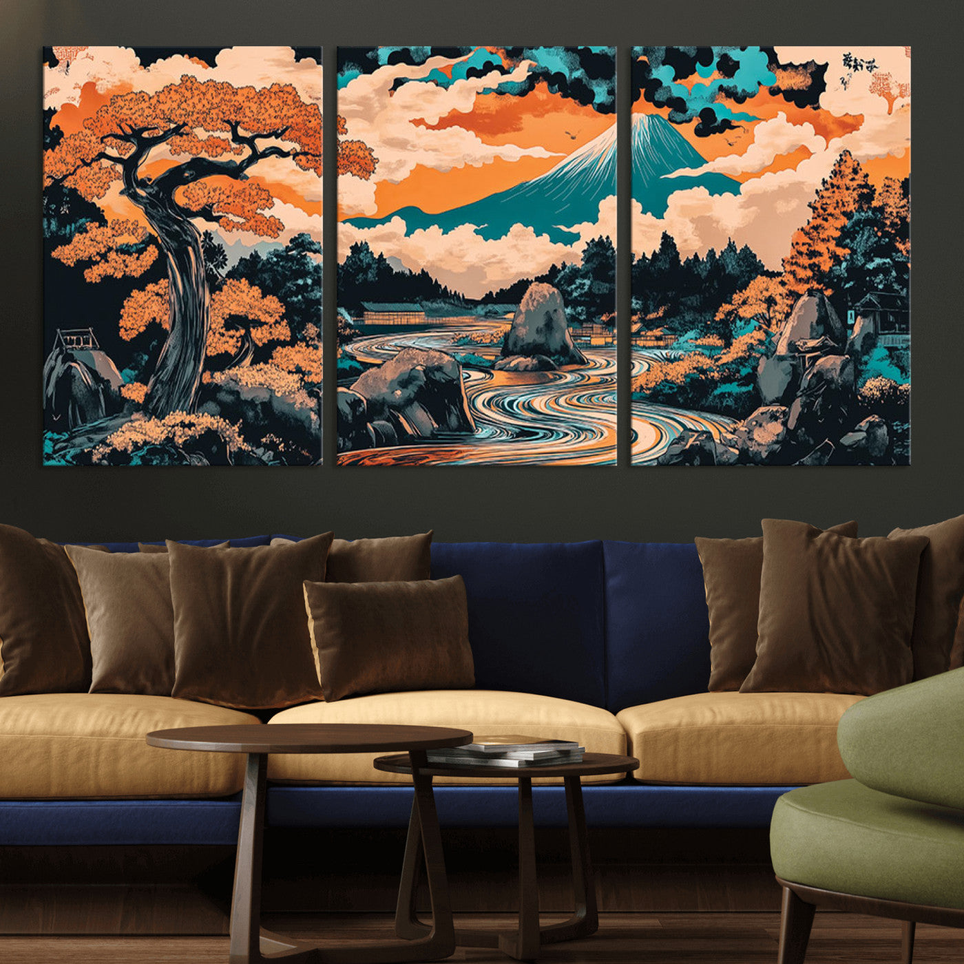 21638941-MGV-CV-36X24-Japanese Landscape Wall Art – Mount Fuji and Flowing River Ukiyo-e Style Canvas Print, Traditional Japan Inspired Artwork for