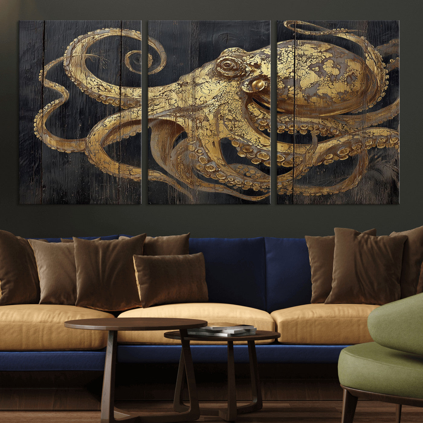 47056538-MGV-CV-36X24-Octopus Canvas Wall Art – Gold Detail, Wooden Texture, Marine Life, Ocean Creature Tentacles, Nautical Coastal Rustic Decor for