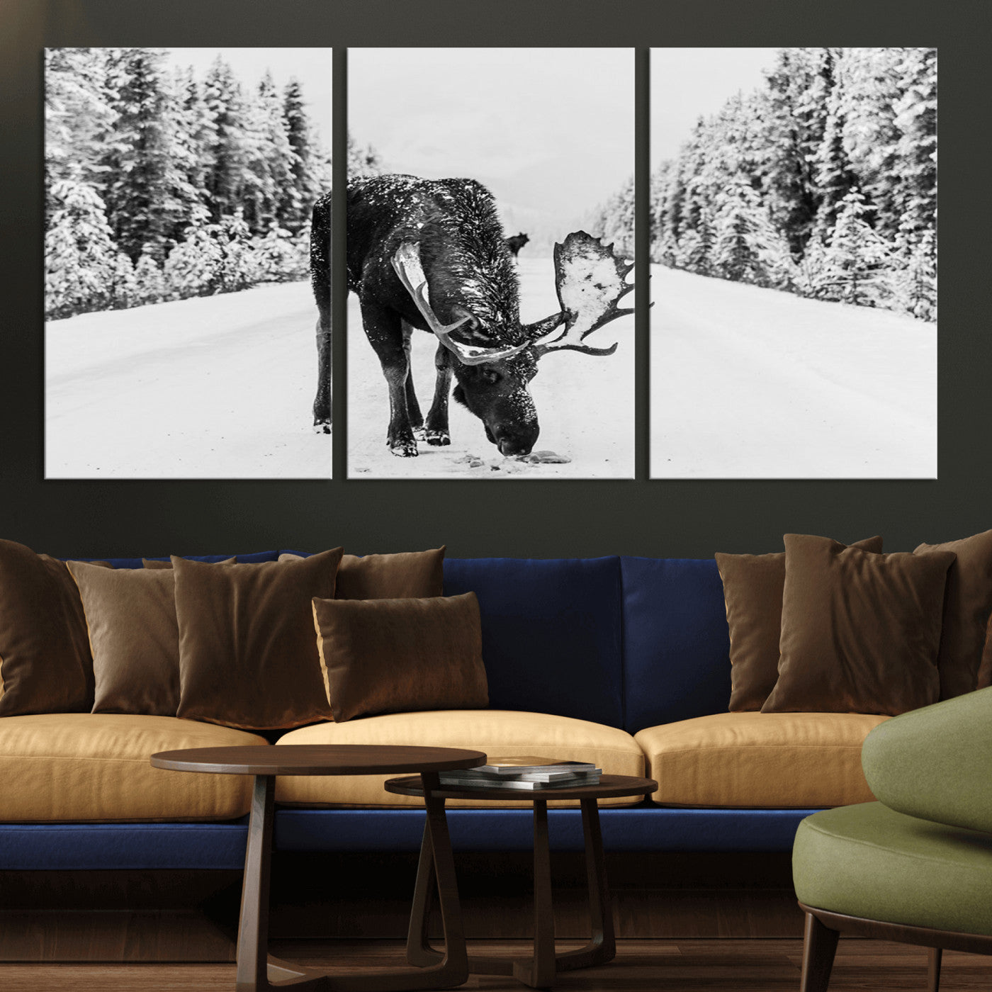 38956835-MGV-CV-36X24-Moose Wall Art – Black and White Wildlife Canvas Print with Snowy Forest Road, Rustic Nature Photography for Cabin, Lodge, Living