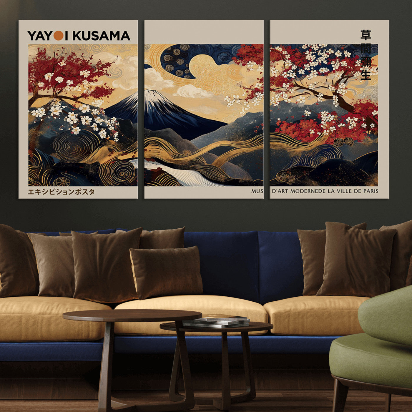 66892669-MGV-CV-36X24-Japanese Landscape Wall Art – Mount Fuji Canvas Print with Cherry Blossoms and Golden Waves, Traditional Asian Inspired Artwork