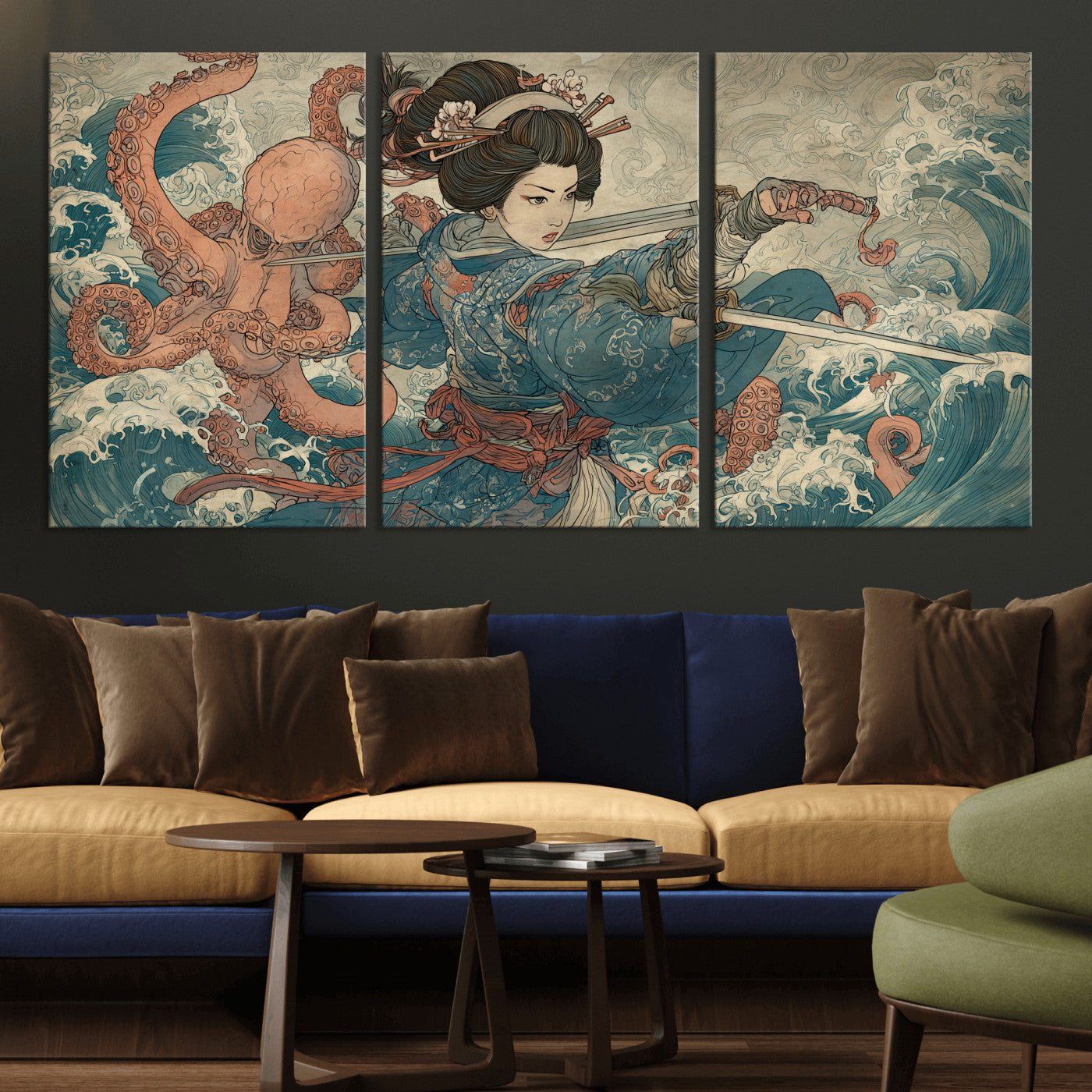 52037775-MGV-CV-36X24-Samurai Woman Wall Art – Japanese Ukiyo e Style Canvas Print with Katana, Ocean Waves and Octopus, Traditional Asian Inspired