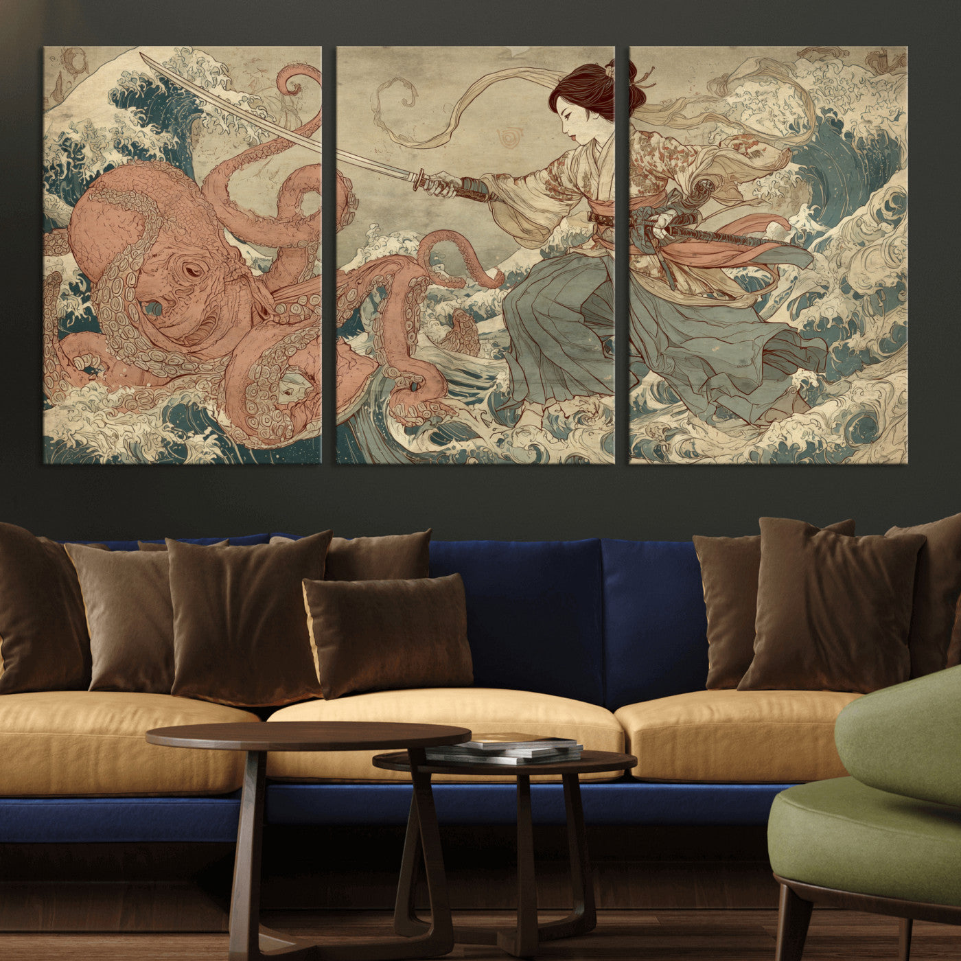 54879547-MGV-CV-36X24-Samurai Woman Wall Art – Japanese Ukiyo-e Style Canvas Print with Katana and Octopus, Traditional Asian Inspired Battle Artwork