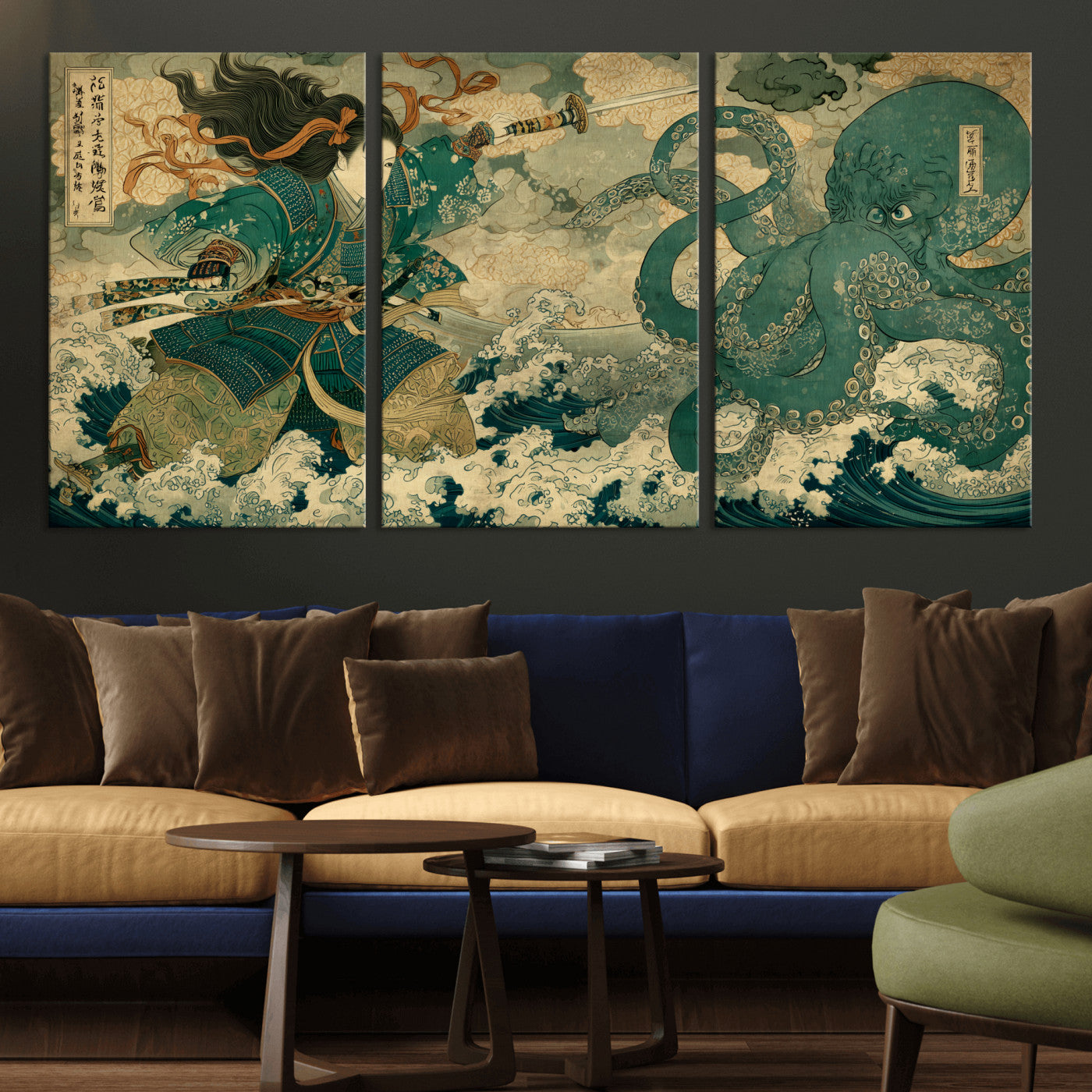 24416422-MGV-CV-36X24-Samurai vs Octopus Wall Art – Japanese Warrior Ocean Battle Canvas Print, Ukiyo e Inspired Decor for Home, Office, or Man Cave
