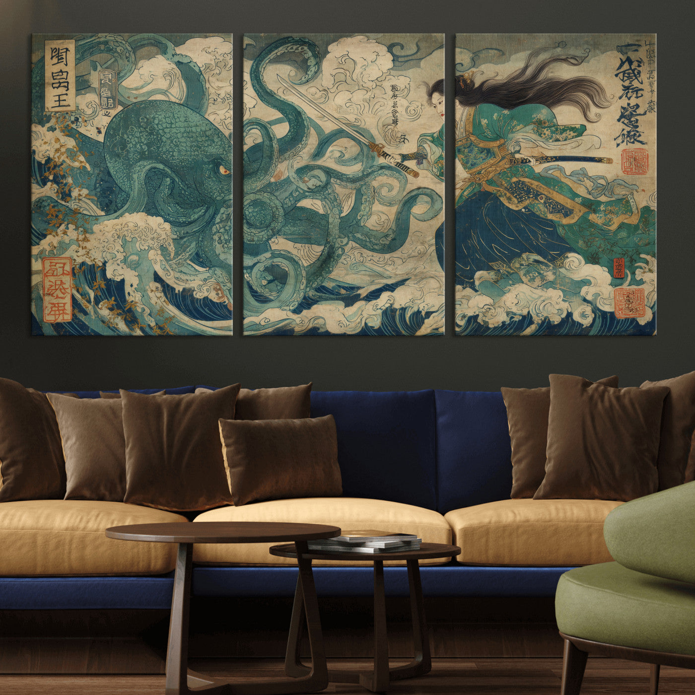 60346622-MGV-CV-36X24-Tsukioka Yoshitoshi Samurai Wall Art Print, Japanese Katana Warrior Canvas Wall Art, Octopus Sea Monster Canvas Print,