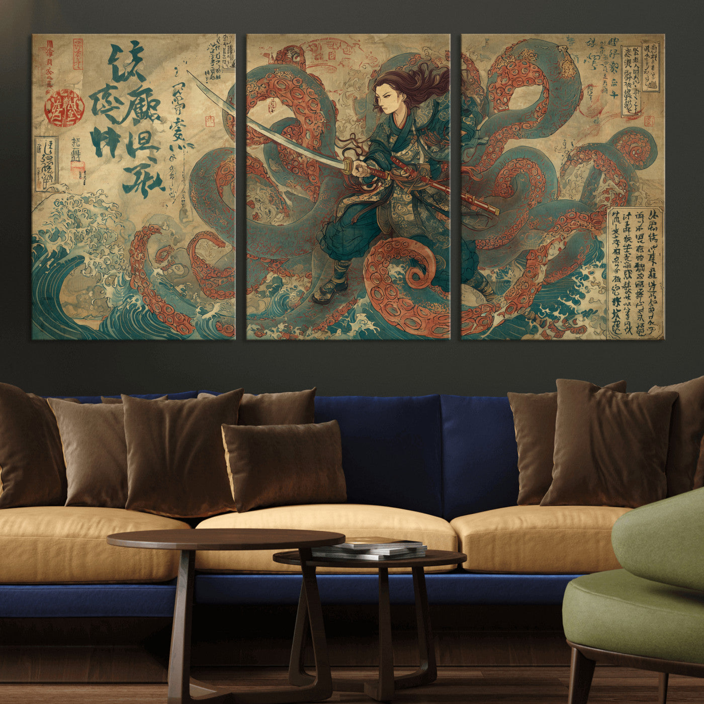 98593115-MGV-CV-36X24-Tsukioka Yoshitoshi Samurai Wall Art Print, Japanese Katana Warrior Canvas Wall Art, Octopus Sea Monster Canvas Print,