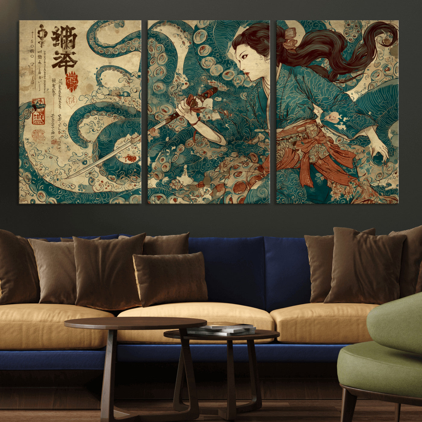 18575670-MGV-CV-36X24-Samurai Woman vs Octopus Wall Art – Japanese Ukiyo-e Ocean Battle Canvas Print, Traditional Warrior Artwork for Living Room,