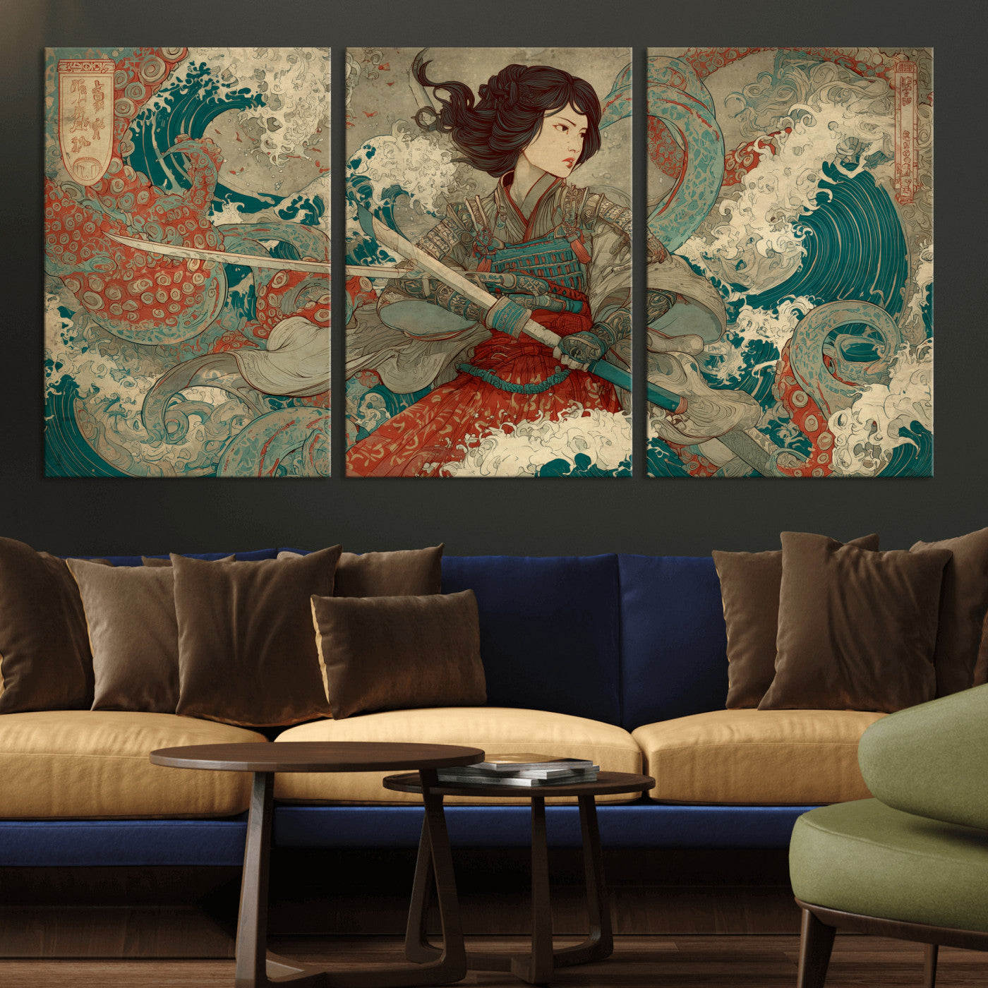 37797255-MGV-CV-36X24-Samurai Woman vs Octopus Wall Art – Japanese Ukiyo-e Red Armor Ocean Battle Canvas Print, Warrior Artwork for Living Room, Office,