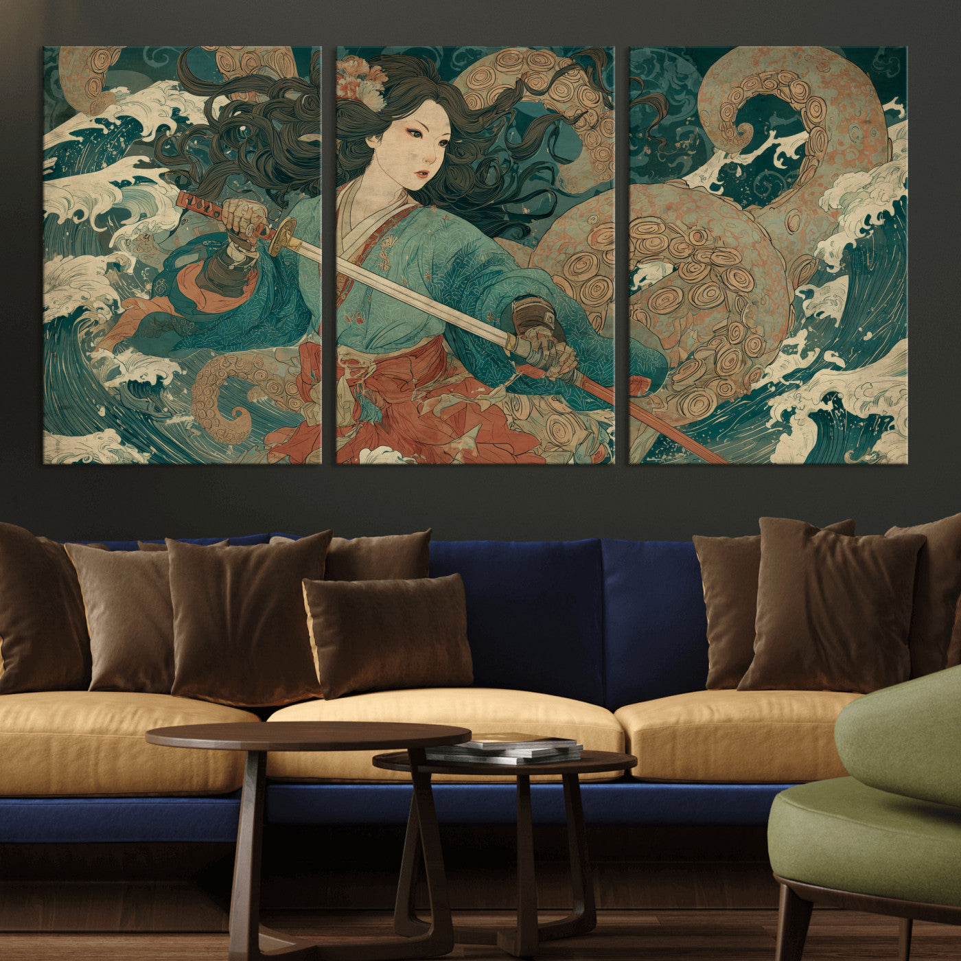 79740258-MGV-CV-36X24-Samurai Woman vs Octopus Wall Art – Japanese Ukiyo-e Blue Kimono Canvas Print, Ocean Battle Artwork for Living Room, Office, Man