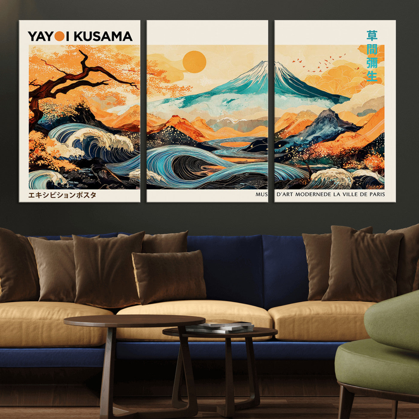 94085549-MGV-CV-36X24-Yayoi Kusama Inspired Japanese Landscape Art Print – Vibrant Mount Fuji, Waves & Autumn Trees, Modern Decorative Poster for