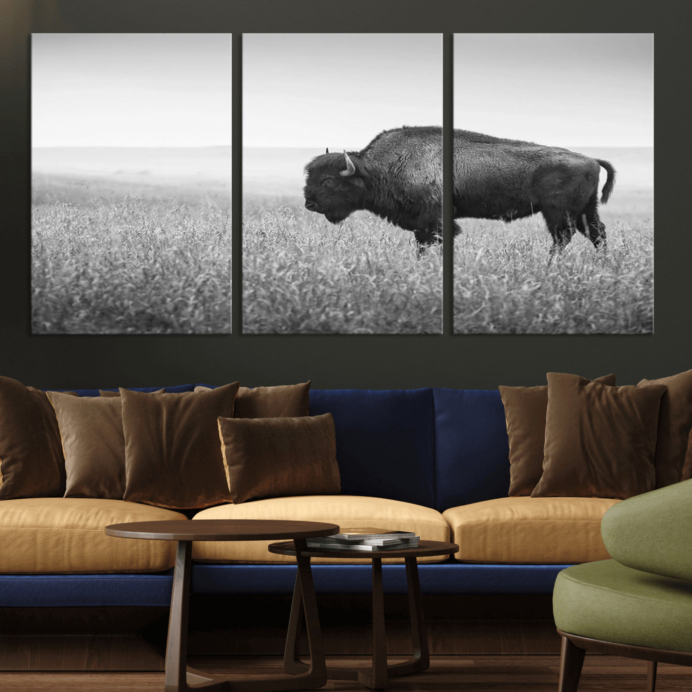 90861202-MGV-CV-36X24-Black and White Bison Canvas Wall Art – Rustic American Buffalo Print, Western Wildlife Photography for Farmhouse, Cabin, Office
