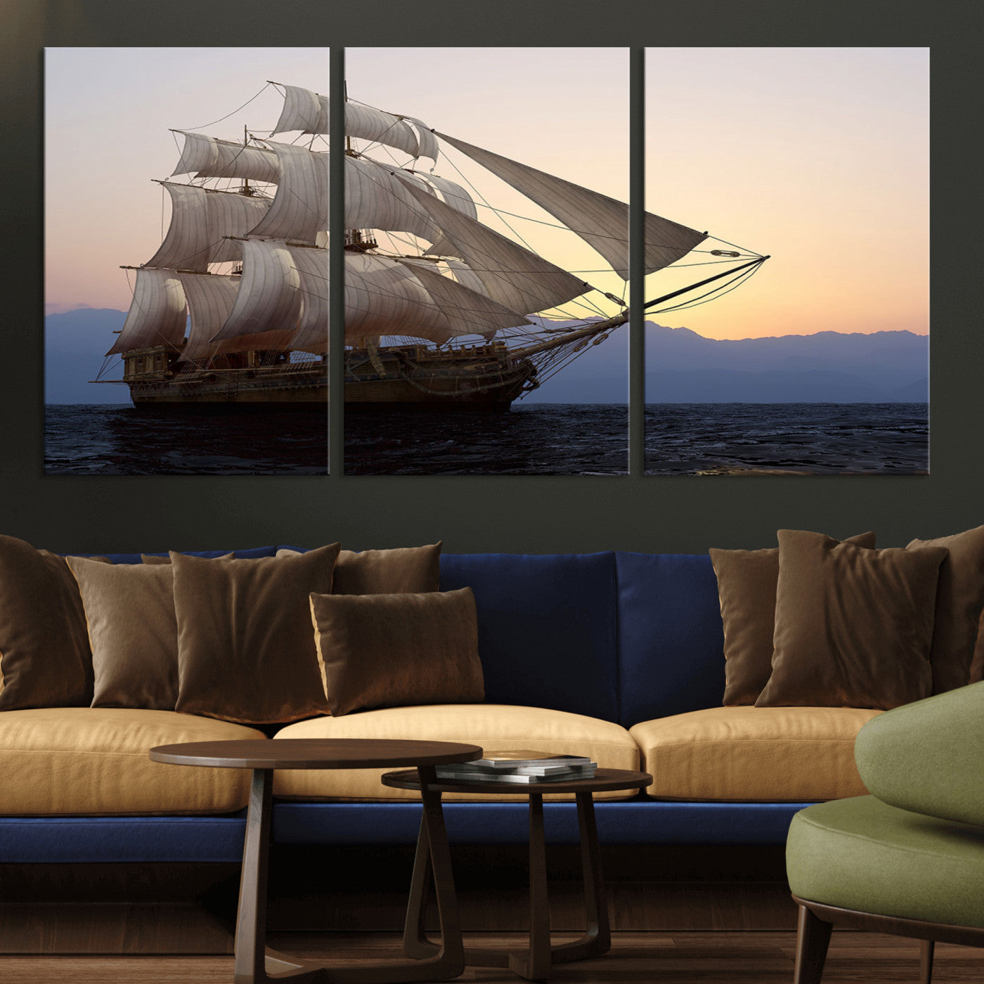 99957679-MGV-CV-36X24-Majestic Sailing Ship Wall Art – Sunset Ocean Voyage, Classic Tall Ship with Wind Filled Sails Canvas Print for Home, Office,