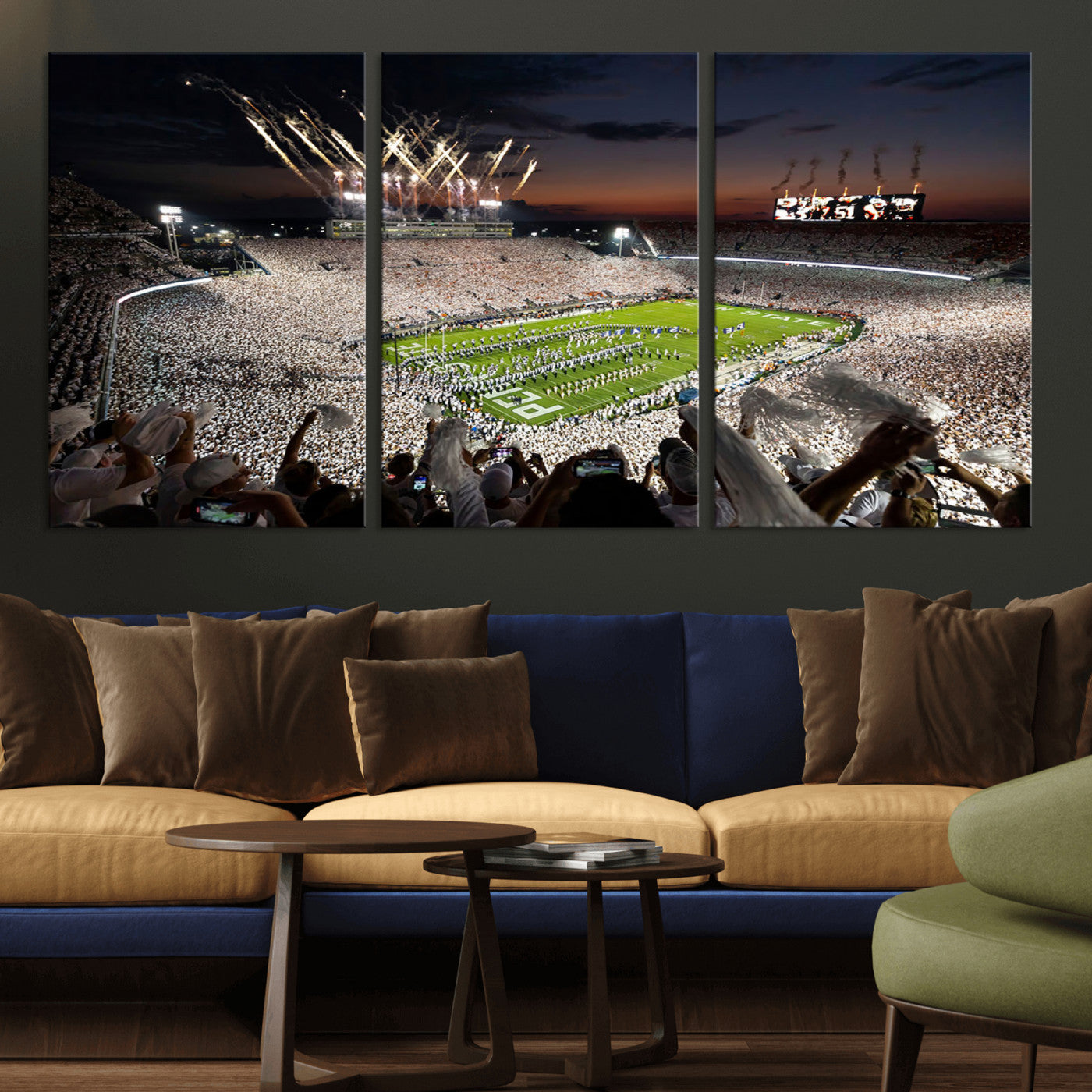 11221988-MGV-CV-60X30-3P-Football Stadium Wall Art – Game Day Crowd with Fireworks, Sports Fan Photography Print, Stadium Decor for Man Cave, Bar, or