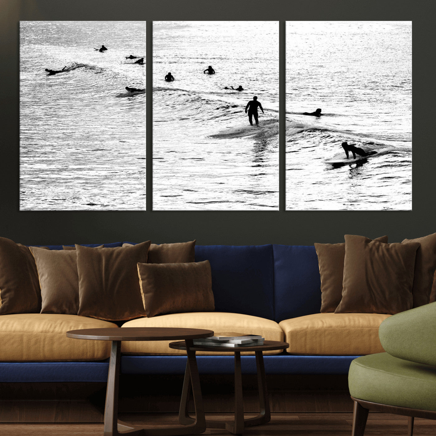 68018616-MGV-CV-36X24-Black and White Surf Photography Print – Minimalist Ocean Wall Art, Surfers Riding Waves, Coastal Beach Decor for Modern Home or