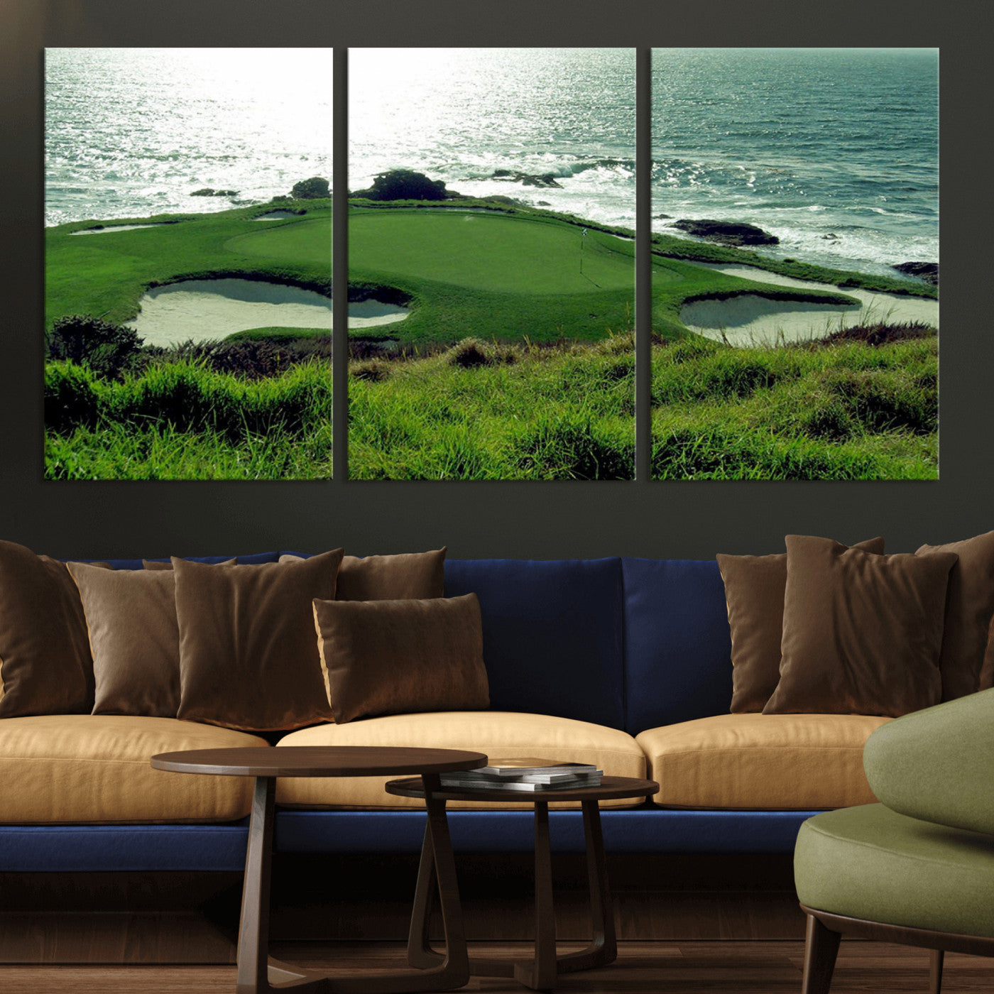 48473947-MGV-CV-60X30-3P-Ocean Golf Course Wall Art – Panoramic Green Fairway Canvas Print, Coastal Golf Landscape Photography Sports Decor for Office, Man