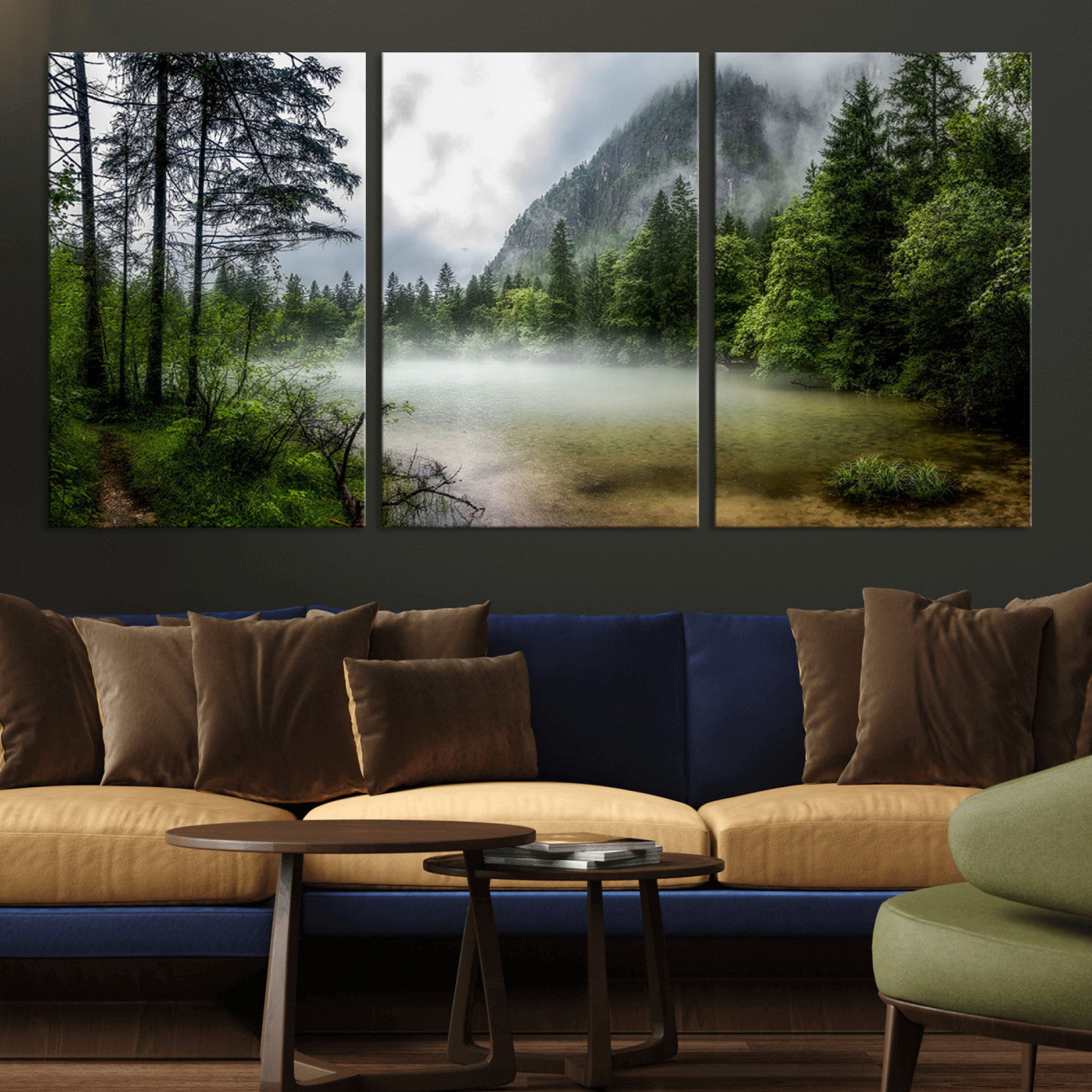 93123937-MGV-CV-36X24-Landscape Wall Art – Misty Mountain Lake Canvas Print, Tranquil Forest and Waterfall Photography Decor for Bedroom, Living Room,