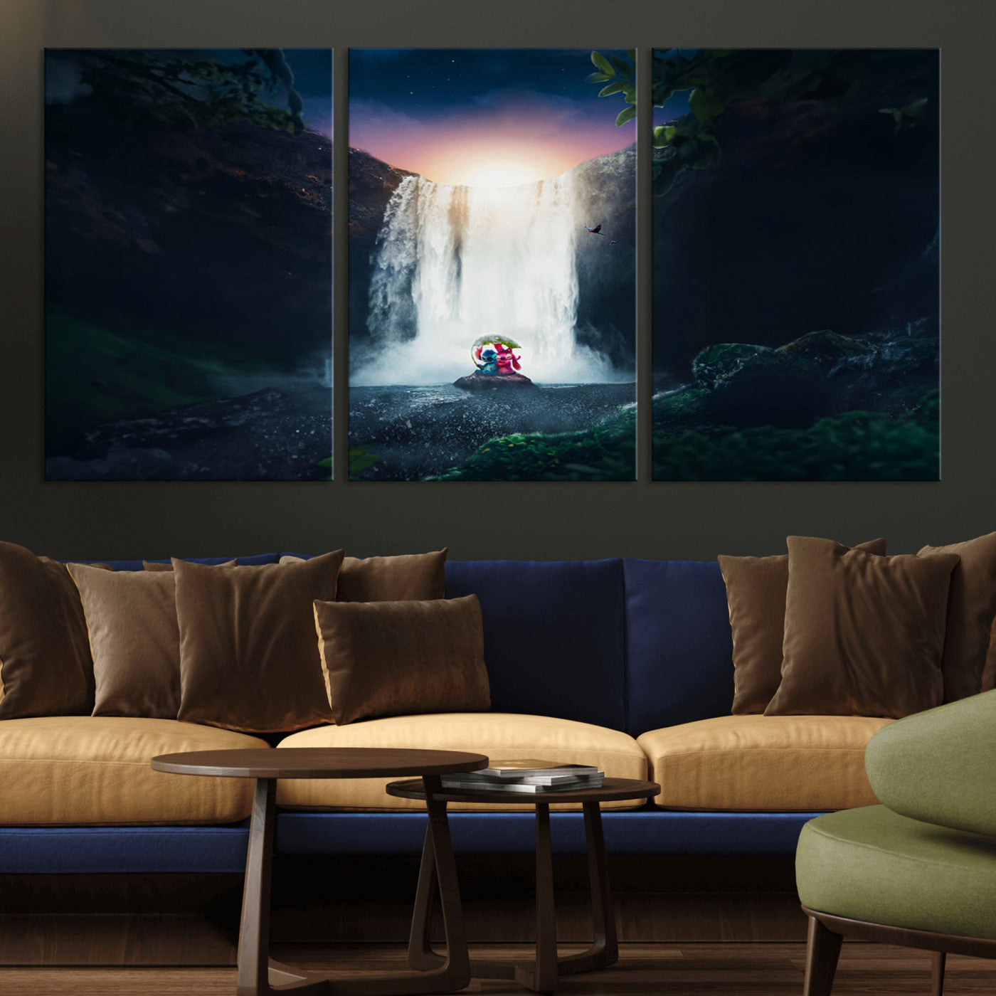 56359-MGV-CV-36X24-Lilo Stitch Wall Art Canvas Print, Framed Stitch Angel Art Picture Print, Cartoon Waterfall Perfect Tropical Fantasy Decor Artwork