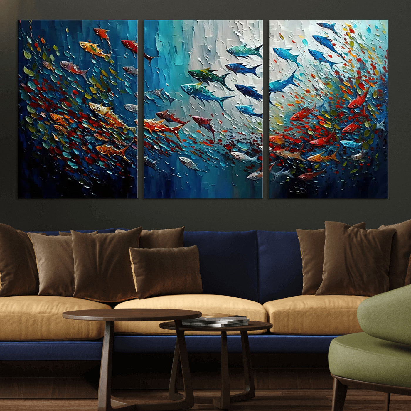 89626-MGV-CV-36X24-Fish Swarm Wall Art Canvas Print, Framed Abstract Ocean Art Picture Print, Underwater Life Perfect Vibrant Coastal Decor Artwork