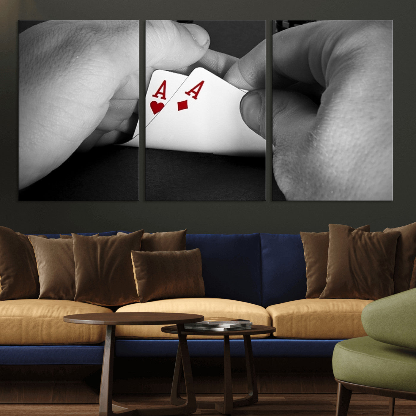 62460-MGV-CV-36X24-Poker Game Wall Art – Close Up of Hands Holding Aces with Chips, Casino Style Decor for Game Room, Man Cave or Office