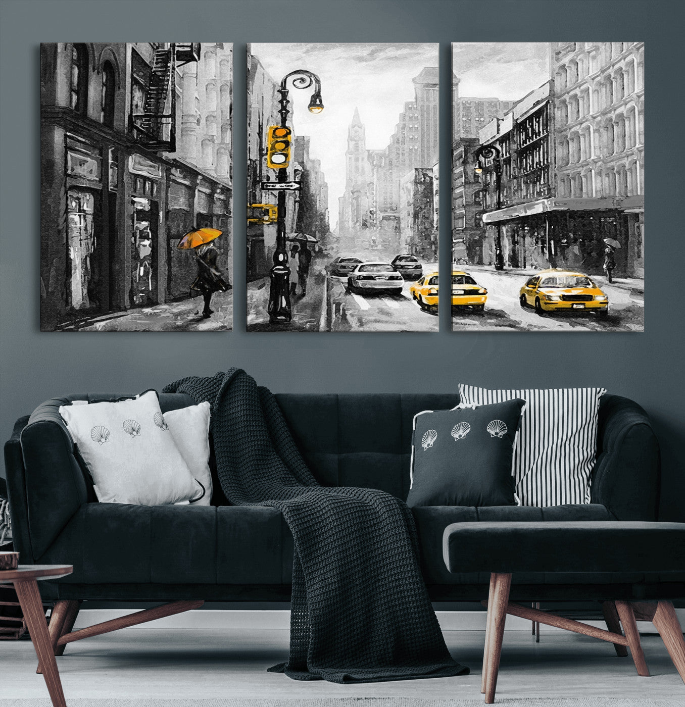 32362-MGV-CV-60X30-3P-NYC Street Wall Art – Black and White Cityscape with Yellow Taxis and Umbrella Canvas Print, Urban Home Decor for Living Room or