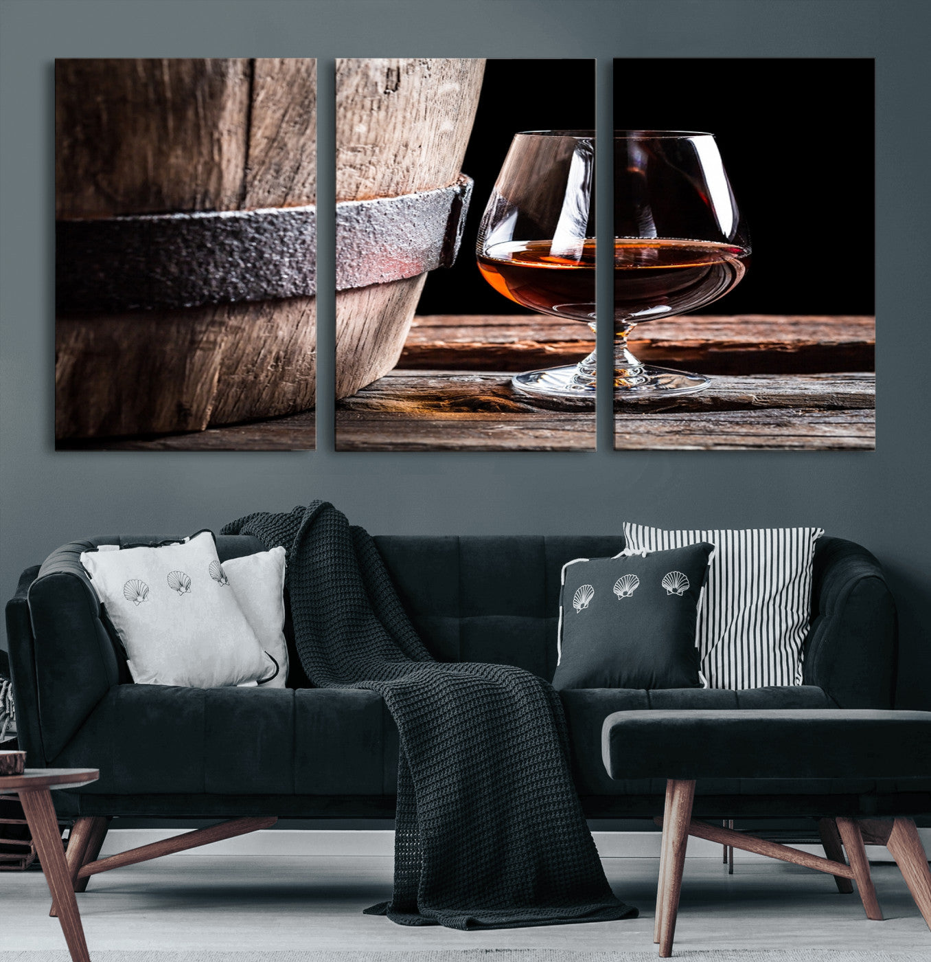 50839-MGV-CV-60X30-3P-Barrel & Brandy Wall Art – Rustic Whiskey Barrel and Brandy Glass Canvas Print, Elegant Home Bar or Lounge Decor for Office, Man