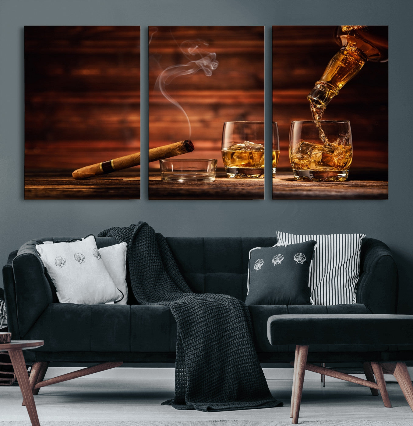 91042-MGV-CV-60X30-3P-Whiskey & Cigar Wall Art – Elegant Whiskey Pour and Smoldering Cigar Canvas Print, Sophisticated Bar or Lounge Decor for Home,