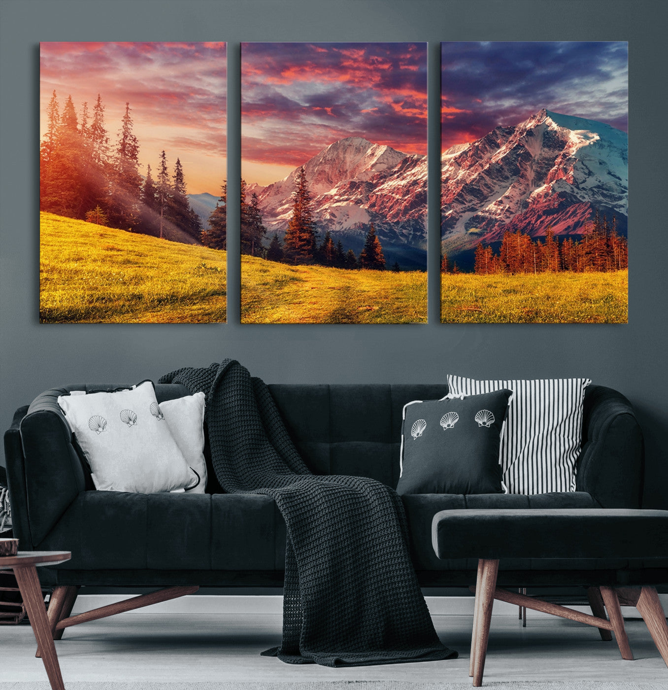 83947-MGV-CV-60X30-3P-Sunset Mountain Landscape Wall Art – Panoramic Alpine Meadow and Snow Capped Peaks Canvas Print, Nature Scenic Decor for Home,