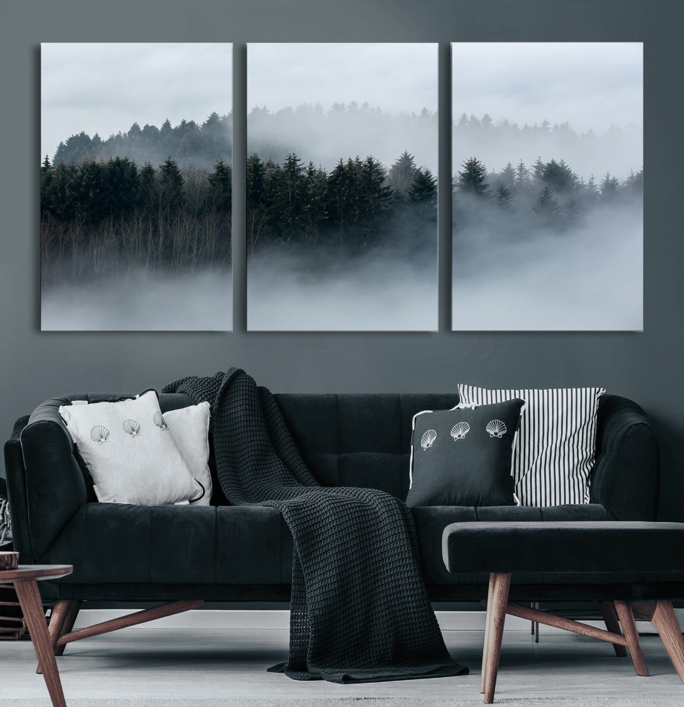 42596-MGV-CV-60X30-3P-Misty Forest Wall Art – Atmospheric Pine Trees Canvas Print, Nature Landscape Decor for Living Room, Bedroom, Office, or Cabin