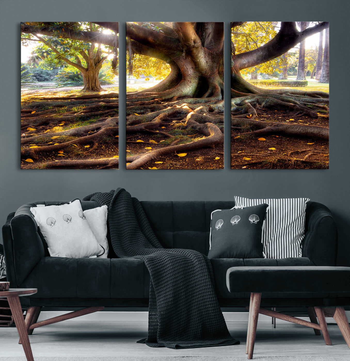 53335-MGV-CV-60X30-3P-Majestic Tree with Sprawling Roots Wall Art – Serene Sunlit Park Scene, Nature Canvas Print, Perfect for Living Room, Office or