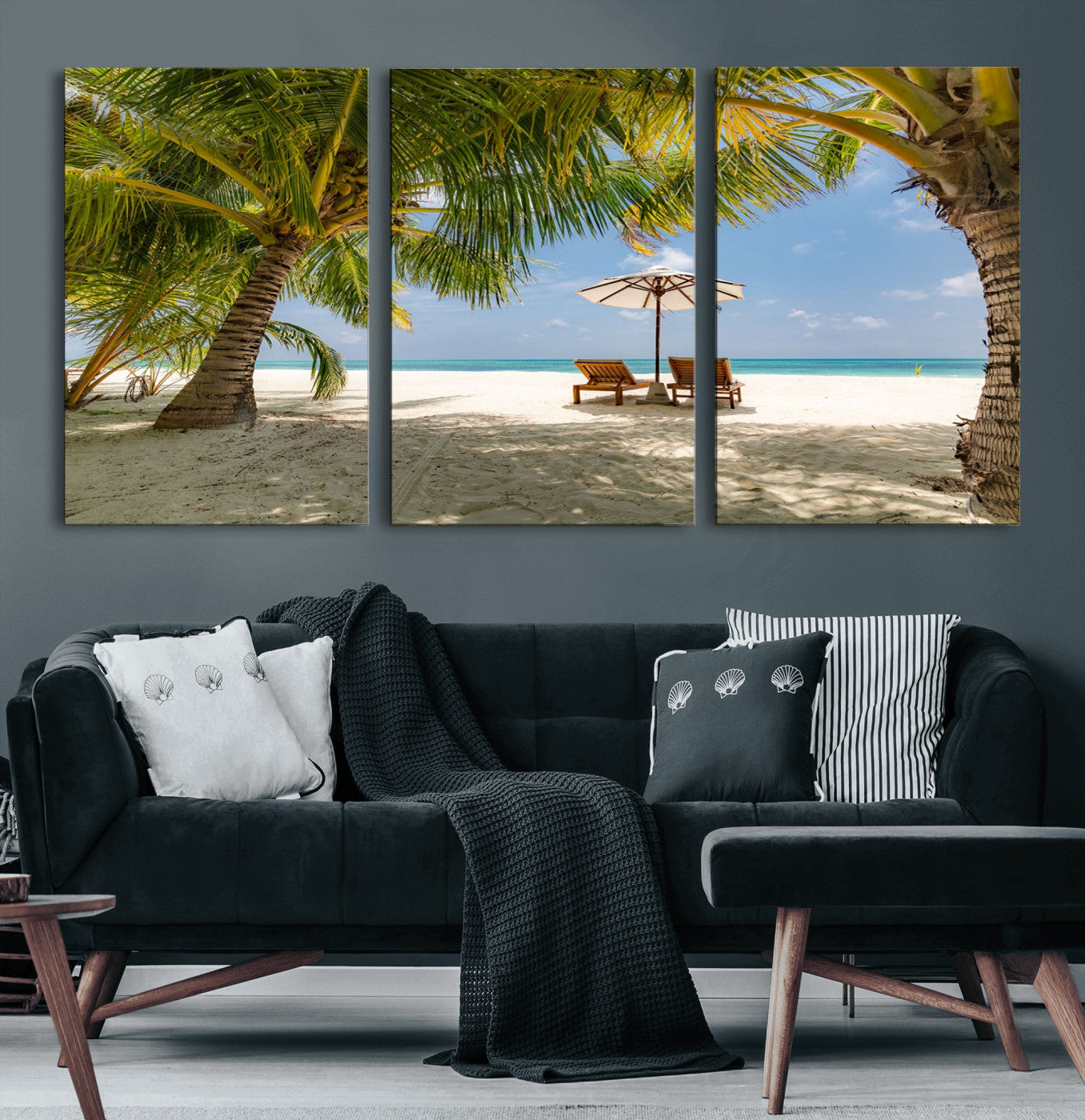 83601-MGV-CV-60X30-3P-Tropical Beach Wall Art – Serene Palm Trees and Lounge Chairs Canvas Print, Relaxing Coastal Decor for Living Room, Bedroom or