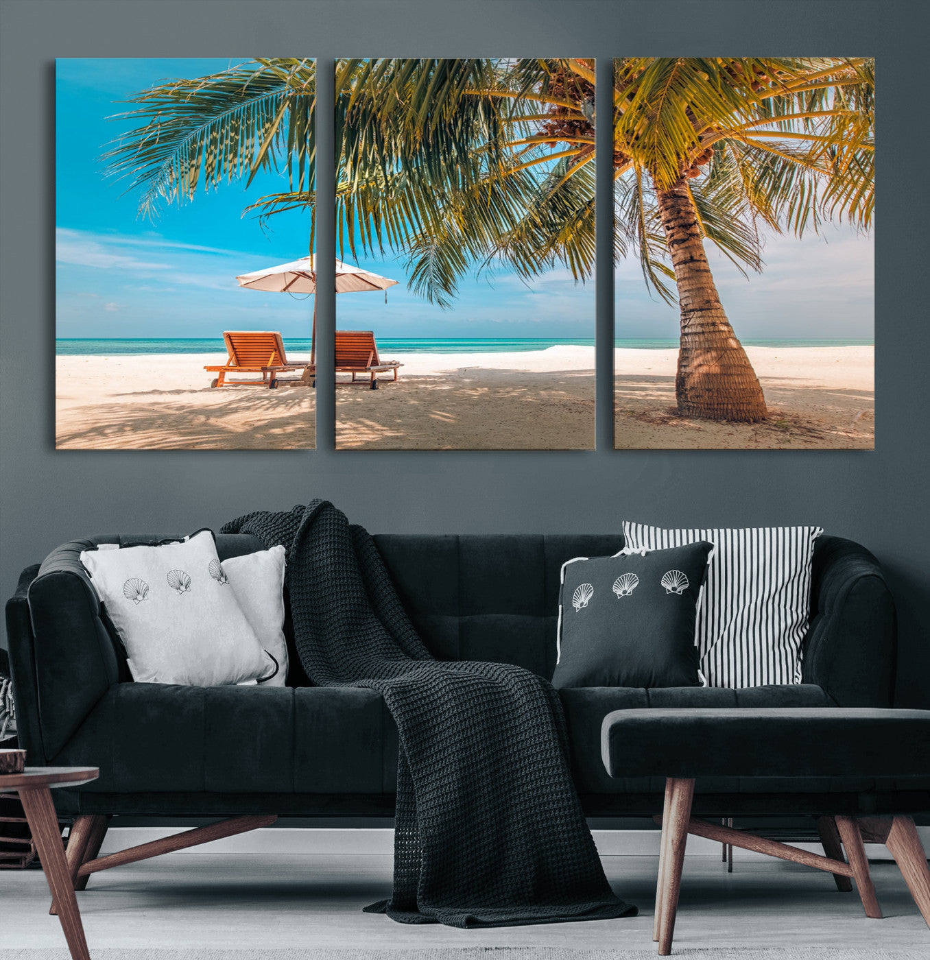 69754-MGV-CV-60X30-3P-Tropical Beach Wall Art – Relaxing Palm Tree and Lounge Chairs Canvas Print, Serene Coastal Decor for Living Room, Bedroom, Office