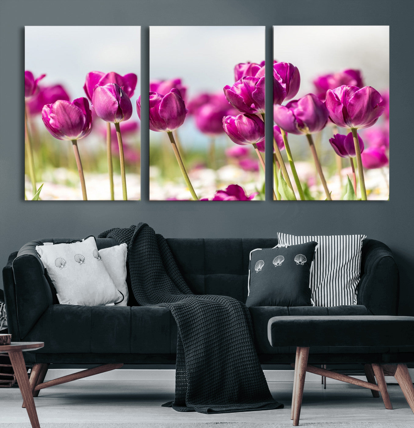 30632-MGV-CV-60X30-3P-Purple Tulip Field Wall Art – Beautiful Spring Flowers Canvas Print with Soft Focus and Bright Sky, Ideal Floral Decor for Home or