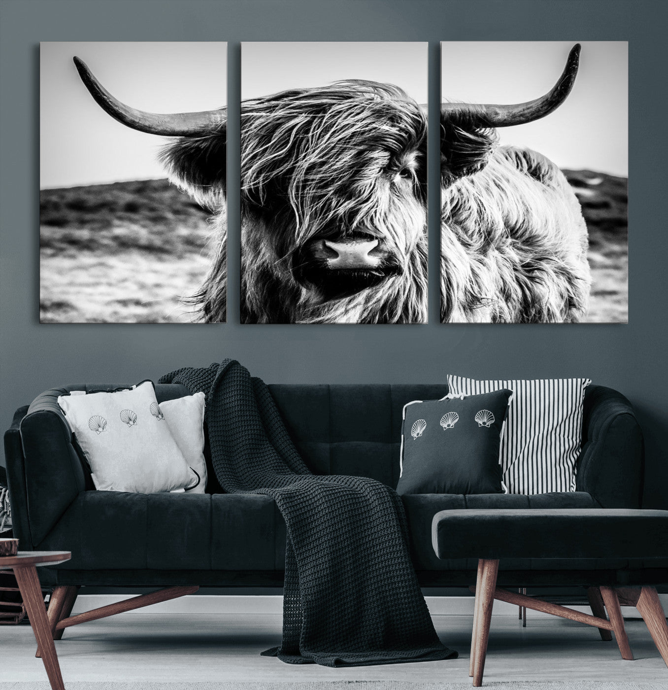 36979-MGV-CV-60X30-3P-Striking black-and-white portrait of a Highland cow with flowing fur and majestic horns, perfect for rustic and elegant home or