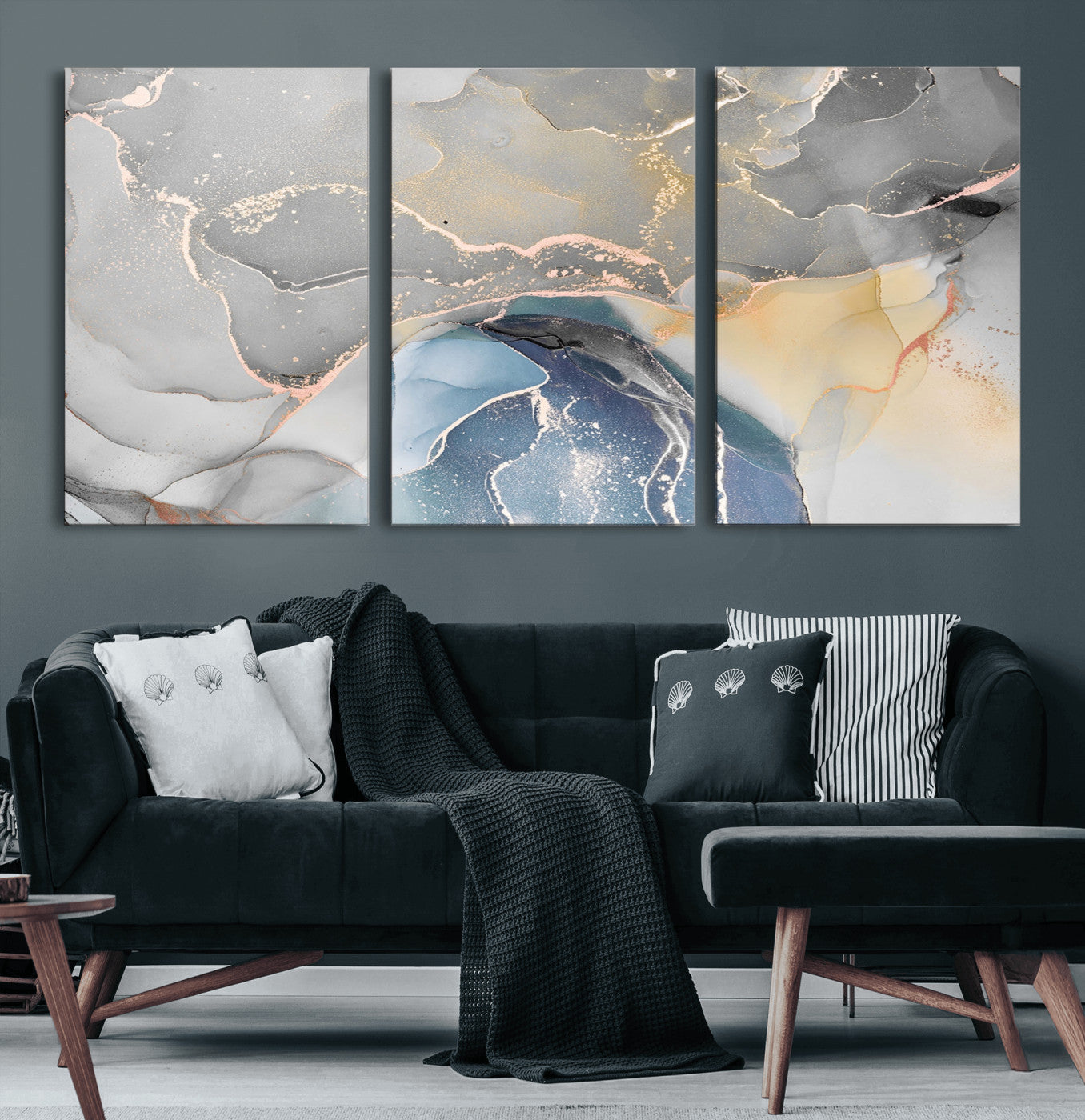 63211-MGV-CV-36X24-Abstract Fluid Art Wall Decor – Blue, Gray & Gold Canvas Print, Modern Home and Office Wall Art Decor for Living Room, Bedroom or