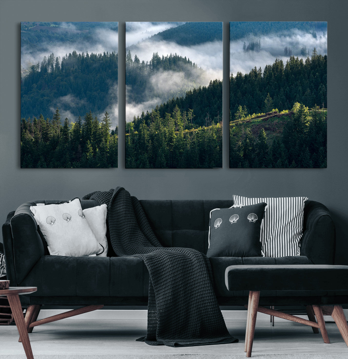 55972-MGV-CV-60X30-3P-Whispering Pines Wall Art – Panoramic Misty Forest Canvas Print, Serene Nature Decor for Home, Office or Cabin Retreat