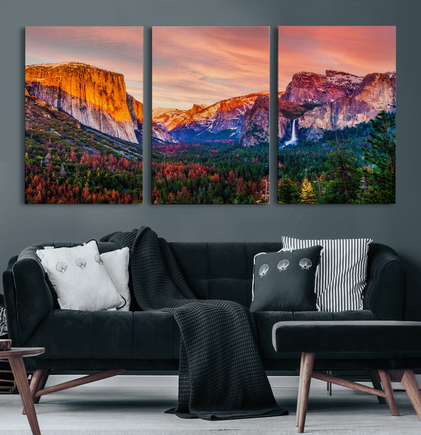 24519-MGV-CV-60X30-3P-Yosemite Valley Sunset Wall Art – Majestic Mountain Landscape with Waterfall and Vibrant Sky, Nature Photography for Home or