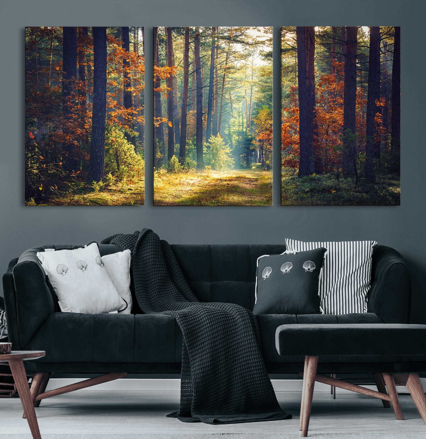 86249-MGV-CV-60X30-3P-Sunlit Autumn Forest Path Wall Art – Peaceful Nature Scene with Fall Foliage, Calming Woods Decor for Home or Office