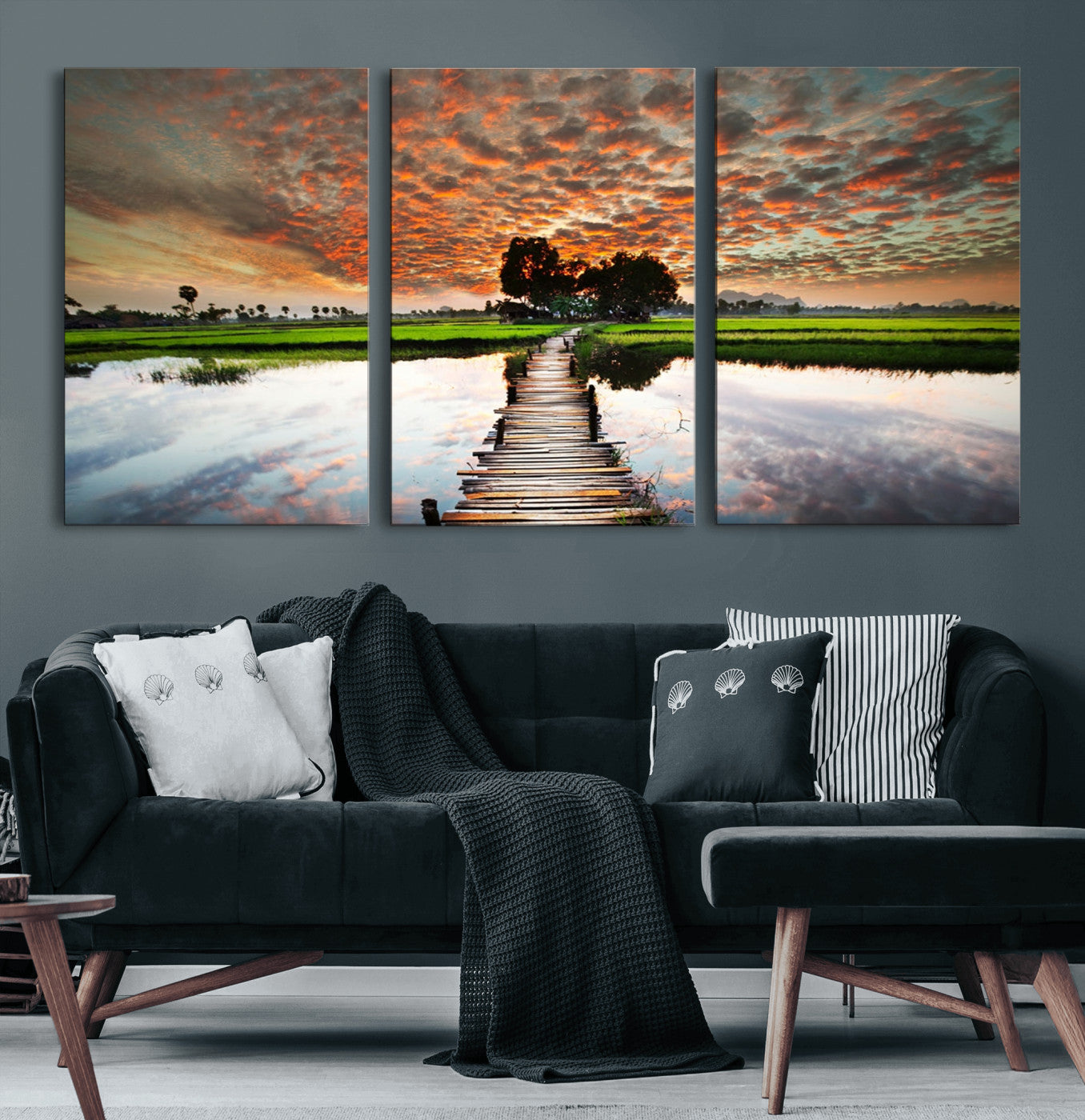 29105-MGV-CV-60X30-3P-Rustic Wooden Bridge Wall Art – Scenic Sunset Over Rice Fields and Reflective Water Canvas Print, Nature Landscape Decor for