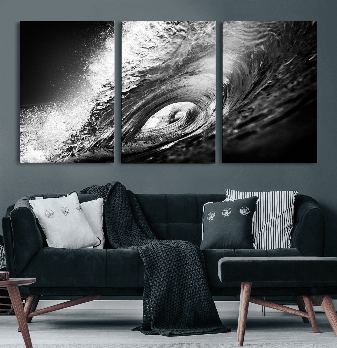 22702-MGV-CV-36X24-Black and White Ocean Wave Wall Art – Powerful Surf Curl Photography Canvas Print, Modern Coastal Decor for Living Room, Office or
