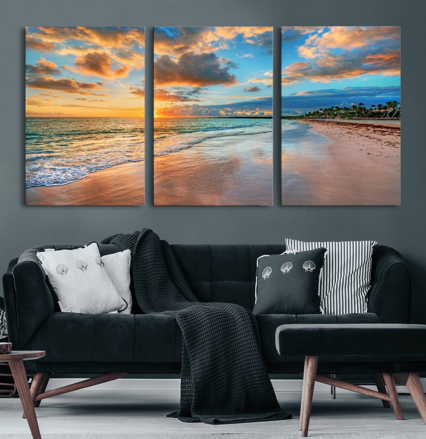 41572-MGV-CV-36X24-Sunset Beach Wall Art – Ocean Waves and Palm Trees Canvas Print, Tropical Coastal Sunset Seascape Decor for Living Room, Bedroom